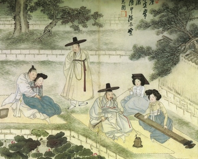 신윤복 ‘청금상련(聽琴賞蓮)’. 18세기, 종이에 채색, 간송미술관.