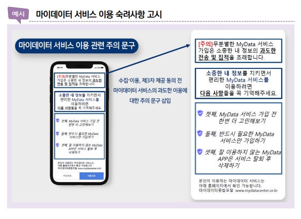 마이데이터 서비스 이용시 과도한 가입의 위험성을 알리는 예시 문구가 표시되고 있다. 자료=금융위원회