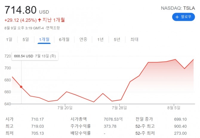 미국 뉴욕증시 테슬라 시세 