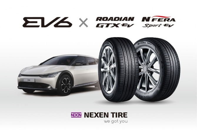 기아 전기차 EV6에 공급되는 넥센 전기차 전용 타이어 ‘로디안 GTX EV’, ‘엔페라 스포츠 EV’. 사진=넥센타이어