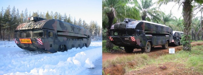 혹한기(왼쪽)와 혹서기에 기동하는 자주도하장비 M3. 사진=한화디펜스
