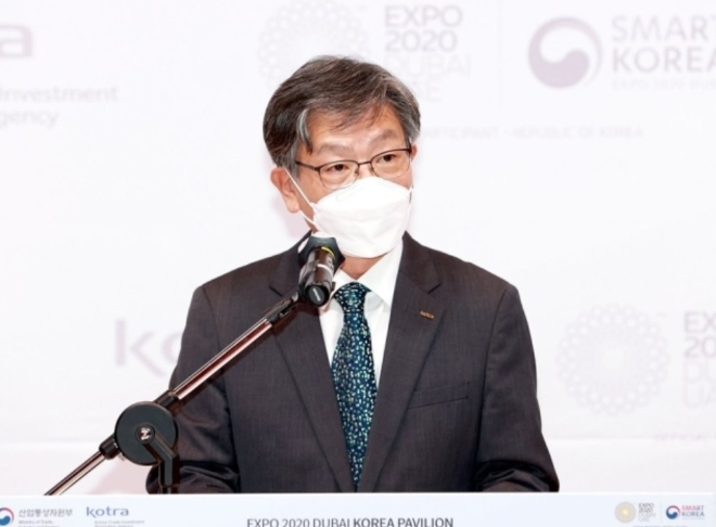 대한무역투자진흥공사(KOTRA) 유정열 사장이 6월 23일 서울 서초구 본사에서 열린 두바이 엑스포 한국관 홍보대사 위촉식에서 인사말을 하고 있다. 사진=KOTRA  