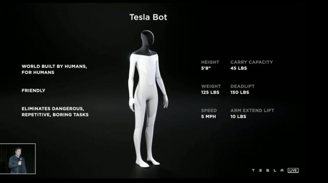 미국 전기차 제조업체 테슬라(Tesla)의 ’인공지능(AI) 데이‘에서 일론 머스크 최고경영자(CEO)가 휴머노이드 로봇을 개발 중이라고 발표했다. 사진=테슬라 유튜브