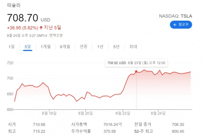 뉴욕증시 테슬라 주가 