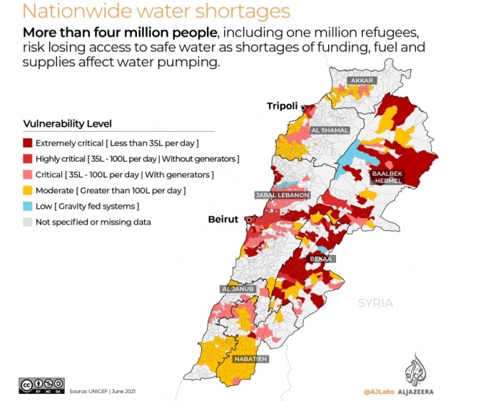 레바논 전역의 식수난 현황. 자주색 지역이 최고로 위험한 상태(하루 공급되는 식수 35ℓ 미만)에 놓인 곳이다. 사진=알자지라
