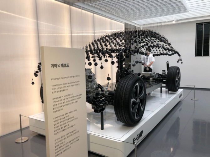 EV6 인사이드 존에 전시된 전기차 전용 플랫폼 E-GMP 모습. 사진=글로벌이코노믹 김정희 기자