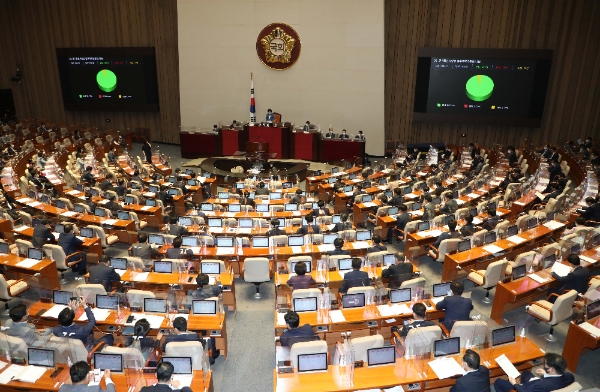 서울 여의도 국회에서 31일 열린 본회의에서 전기통신사업법 일부개정법률안(대안)이 재석 188명 중 찬성 180명, 반대 0명, 기권 8명으로 통과되고 있다. 사진=뉴시스