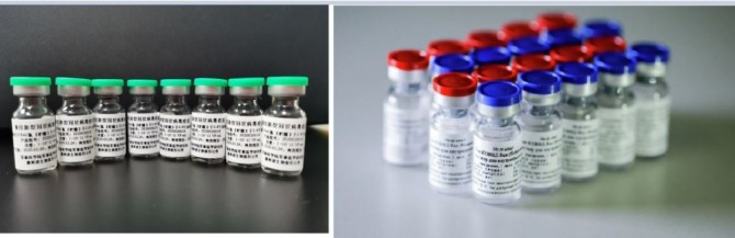 중국 캔시노 코로나19 백신(왼쪽)과 러시아 스푸트니크V  코로나19 백신. 사진=각사