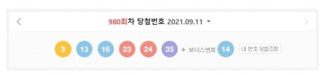 980회차 당첨번호. 자료=동행복권
