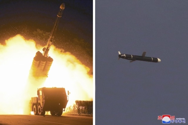 북한이 13일 공개한 장거리순항미사일 사진. 한국군이 보유한 현무-3C와 외형이 비슷하고 사거리는 1500km로 같다. 사진=연합뉴스