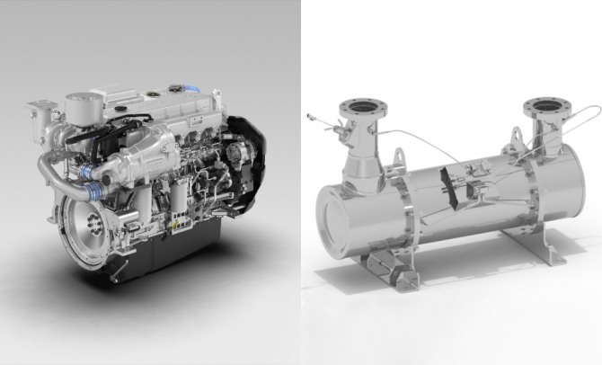 DX12 엔진 이미지(왼쪽)과 유해물질 배출 차단 기술이 적용된 SCR 이미지. 사진=현대두산인프라코어