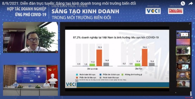 VCCI의 Pham Ngoc Thach 대표가 코로나19가 베트남 기업에 미치는 영향에 대해 발표하고 있다. 