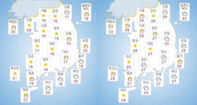 20일 오전(왼쪽), 오후 기상도. 기상청 홈페이지 캡처