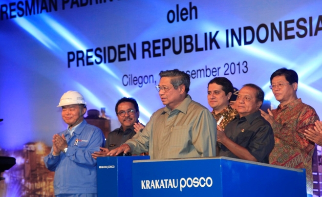 수실로 밤방 유도요노(Susilo Bambang Yudhoyono) 인도네시아 전(前)대통령이 지난 2013년 크라카타우포스코 공장 준공식에 참석해 인사말을 하고 있다. 사진=포스코