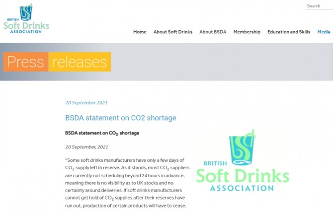 영국 소프트드링크협회(BSDA)의 CO2 수급 문제 관련 성명. 사진=BSDA