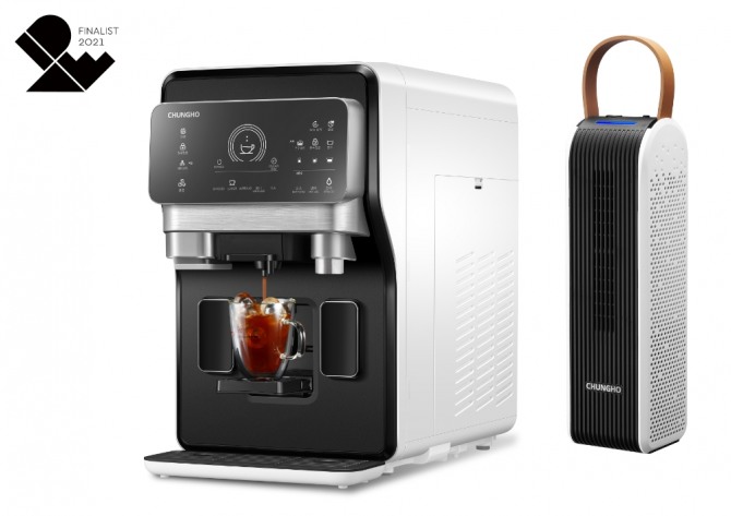 2021 IDEA 디자인 어워드 본상 수상 제품인 '커피머신 얼음정수기 에스프레카페'(왼쪽)와 '휴대용 공기청정기 올웨이즈'. 사진=청호나이스