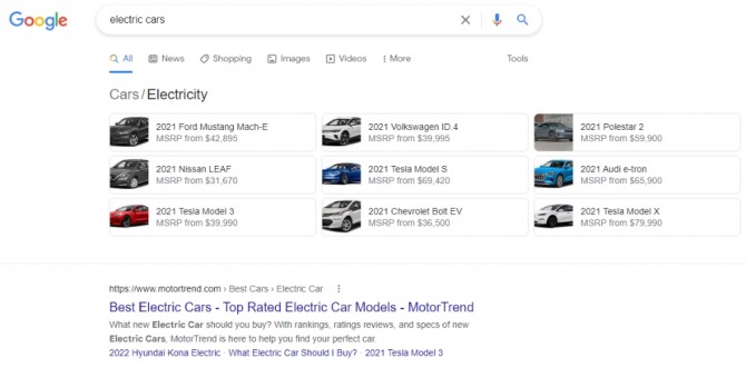 구글에서 ‘전기차(electric cars)’를 검색한 결과. 사진=구글