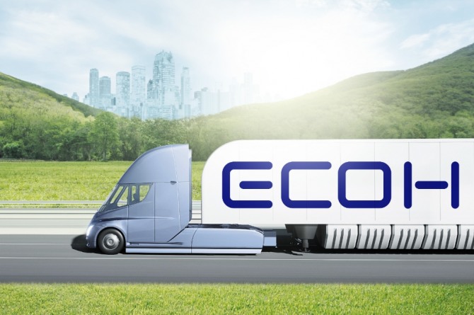 현대글로비스의 친환경  에너지 솔루션 브랜드 'ECOH'를 적용한 수소 운반 트럭 가상 이미지. 사진=현대글로비스