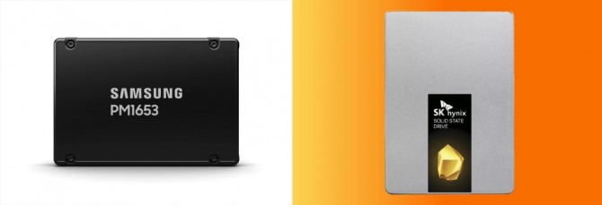 삼성전자의 SAS 표준 최고성능 서버용 SSD 'PM1653'(왼쪽)와 SK 하이닉스의 SSD  사진=각사 취합