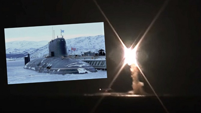 지르콘 미사일을 발사한 야센급 핵추진 잠수함과 지르콘이 섬광을 뿜으며 하늘로 치솟는 모습 사진. 사진=더드라이브