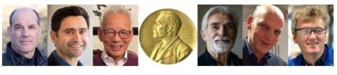 노벨 생리의학상을 수상한 미국 샌프란시스코 캘리포니아대 데이비드 줄리어스 교수, 미국 스크립스연구소 아뎀 파타푸티언 교수. 노벨 물리학상을 수상한 미국 프린스턴대 마나베 슈쿠로 교수. 노벨 물리학상 메달, 노벨 물리학상 수상자인 독일 막스플랑크연구소 클라우스 하셀만 연구원, 노벨 화학상 수상자 독일 막스플랑크연구소 베냐민 리스트 교수, 미국 프린스턴대 데이비드 맥밀런 교수(사진 왼쪽부터) 사진=BBVA재단·UCLA·노벨위원회·배한용 교수·프린스턴대