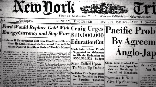 사진은 뉴욕 트리뷴지의 ‘포드는 금을 에너지 통화로 대체하고 전쟁을 중지할 것’이란 제목의 1921년 12월 4일자 기사.