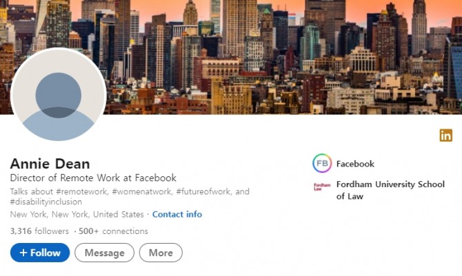 기업인용 소셜미디어 링크드인에 올라 있는 페이스북 재택근무 관리자의 프로필. 사진=링크드인