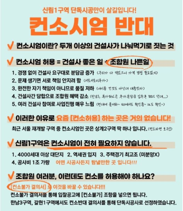 건설사 컨소시엄 시공을 반대하는 홍보물. 자료=신림1구역 네이버 카페