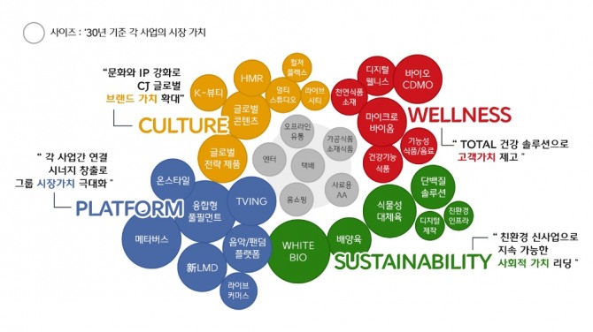 CJ그룹은 컬처(Culture), 플랫폼(Platform), 웰니스(Wellness), 서스테이너빌러티(Sustainability)를 4대 성장엔진으로 정했다. 사진=CJ그룹