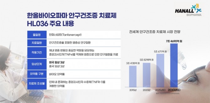 한올바이오파마가 안구건조증 치료제 HL036의 두 번째 임상 3상 첫 환자 투약을 미국에서 개시했다. 사진=한올바이오파마