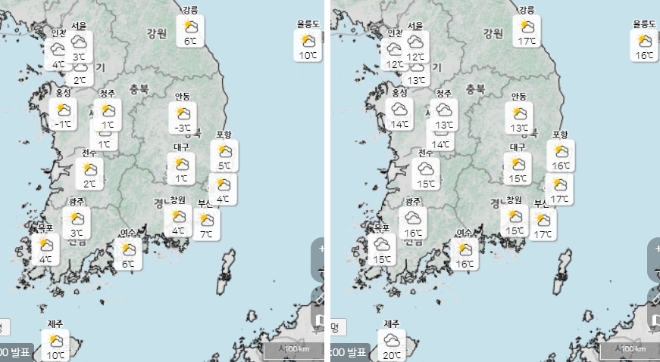 29일(월) 오전(왼쪽)과 오후 기상도. 자료=기상청