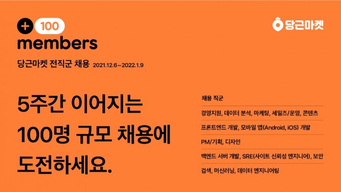 지역생활 커뮤니티 당근마켓이 6일부터 5주간 대규모 공개채용 '+100 members'를 진행한다. 사진=당근마켓