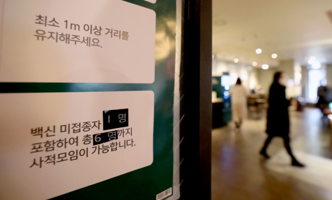 6일 오전 서울 시내 한 카페에 6인 인원제한 안내문이 부착돼 있다. 사진=뉴시스