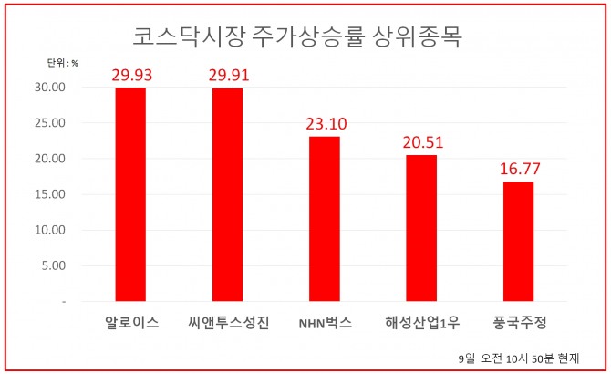 코스닥시장 주가상승률 상위 종목  자료=한국거래소