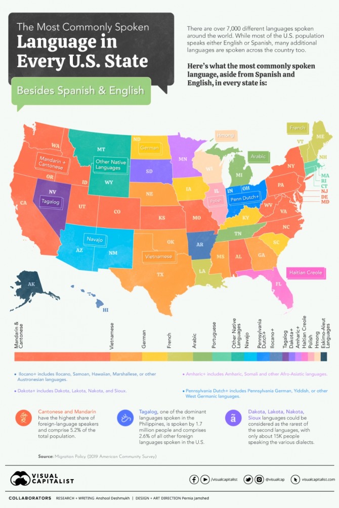 영어와 스페인어를 제외하고 미국에서 가장 사용빈도가 높은 언어 현황. 사진=비주얼캐피털리스트