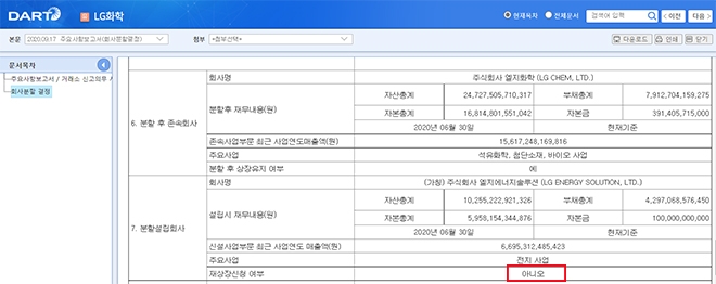 LG화학이 지난해 9월 17일 공시한 LG에너지솔루션의 재상장신청 여부에 '아니오'라고 표기되어 있습니다. 화면캡처=금융감독원 전자공시시스템 