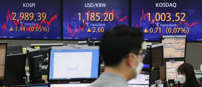 15일 오후 서울 중구 하나은행 딜링룸 전광판에 지수가 표시되고 있다. [사진=뉴시스]
