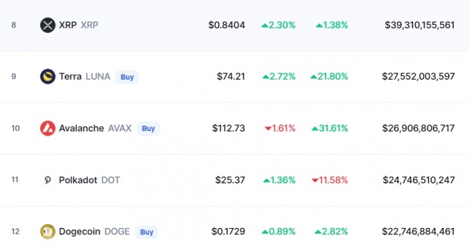 19일 오후 11시 09분 현재 코인마켓캡에서 아발란체가 폴카닷과 도지코인을 누르고 시가총액 10위를 기록했다. 사진=코인마켓캡