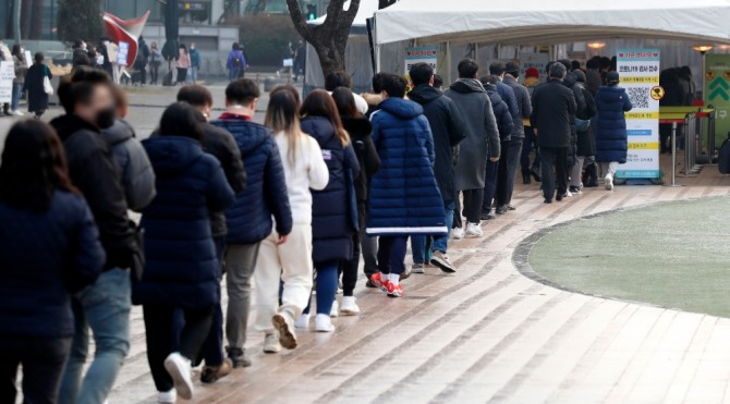 21일 오전 서울시청 앞 서울광장 임시선별검사소에서 시민들이 코로나19 진단검사를 받기 위해 대기하고 있다. 이날 0시 기준 코로나19 신규 확진자는 5202명으로 집계됐다. 사진=뉴시스