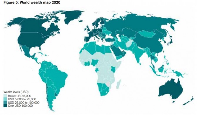 성인 1인당 평균 자산 전세계 지도. 색이 진할수록 많은 나라다. 사진=크레디트스위스