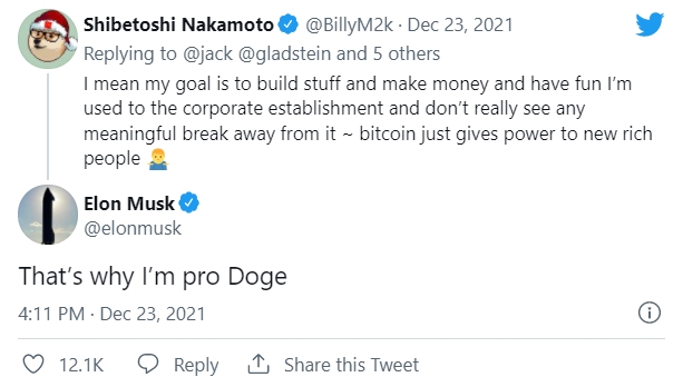 일론 머스크가 23일 '비트코인은 부자들을 위한 것'이라는 빌리 마커스의 트윗에 동조하면서 '친 도지코인' 입장을 다시 확인했다. 