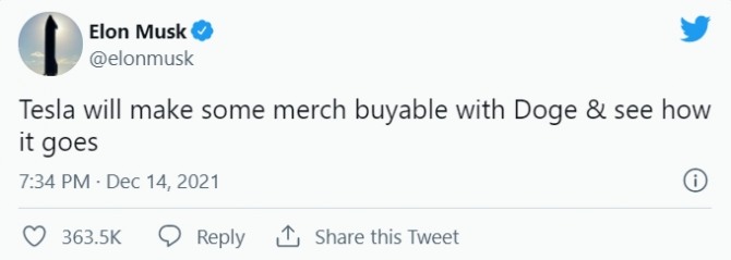 일론 머스크가 테슬라가 일부 상품에 대해도지코인을 결제 수단으로 허영한다고 밝혔다. 사진=일론 머스크 트위터