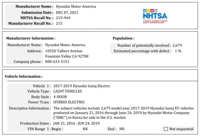 미국 NHTSA가 현대 ‘아이오닉 EV’에 내린 리콜 명령서. 사진=NHTSA
