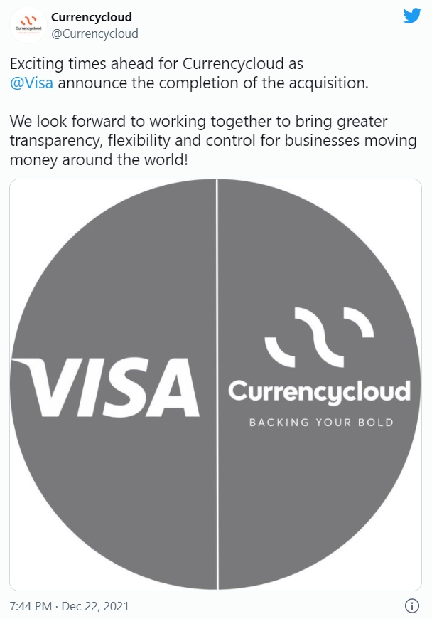 비자가 22일(현지시간) 리플 전 파트너 커런시클라우드를 9억2500만 달러(약 1조1000억 원) 인수했다. 사진=커런시클라우드 트위터
