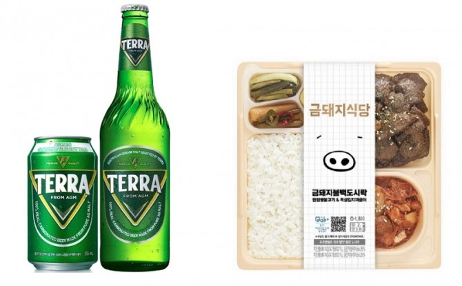 하이트진로 '테라'(왼쪽), GS25 '금돼지불백도시락'. 사진=하이트진로