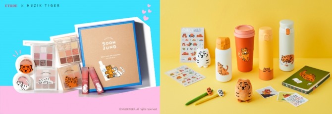 뷰티 브랜드 에뛰드와 생활용품기업 락앤락은 무직타이거의 대표 캐릭터 뚱랑이와 손잡고 컬래버레이션 제품을 선보였다. 사진=에뛰드, 락앤락