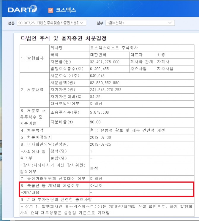 코스맥스의 2019년 7월 25일의 타법인주식 및 출자증권 처분결정 공시 내역. 화면캡처=금융감독원 전자공시시스템