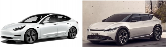 모델3 익스테리어(좌) ⓒ 테슬라, EV6 익스테리어(우) ⓒ 기아자동차