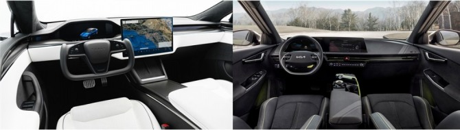 모델3 인테리어(좌) ⓒ 테슬라, EV6 인테리어(우) ⓒ 기아자동차