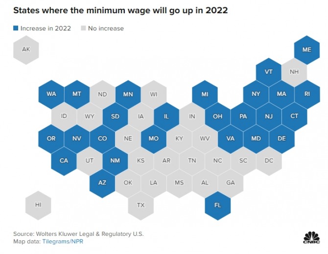 새해들어 최저 시급 인상에 나선 주 현황. 사진=WKLR/CNBC